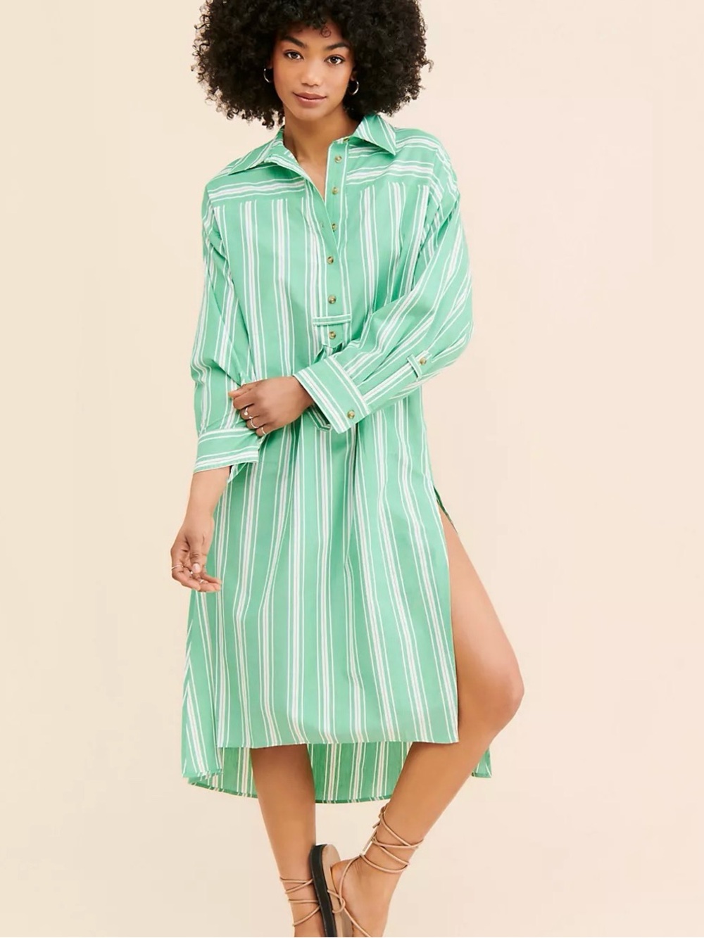 Anthropologie Green White Striped Midi Short Dress